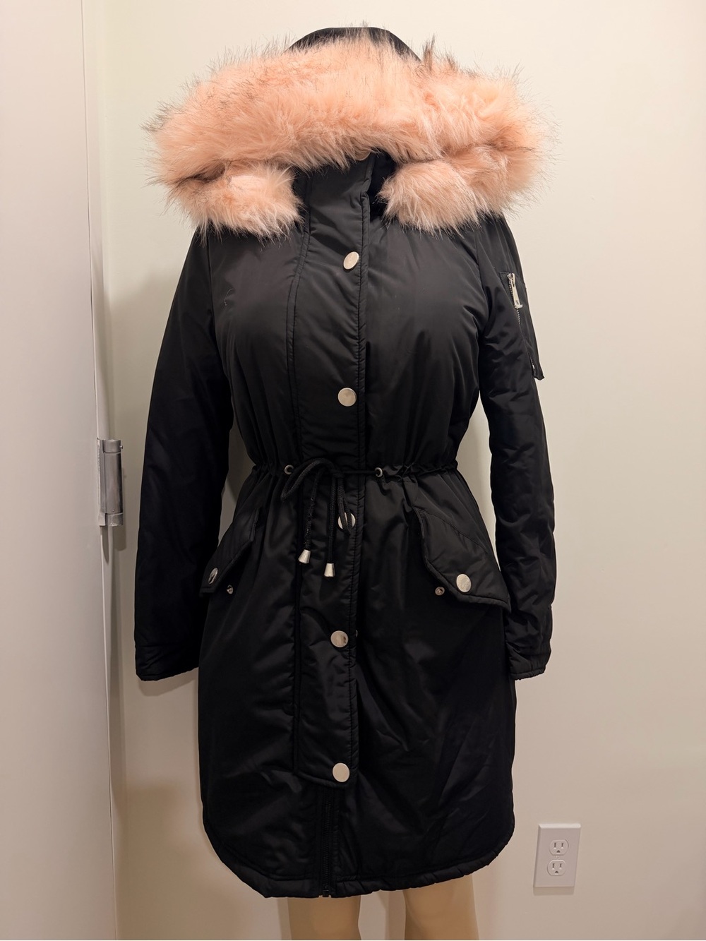 Fashion Nova Black Parka Long Thick Coat with Pink Faux-Fur Trim Size Small